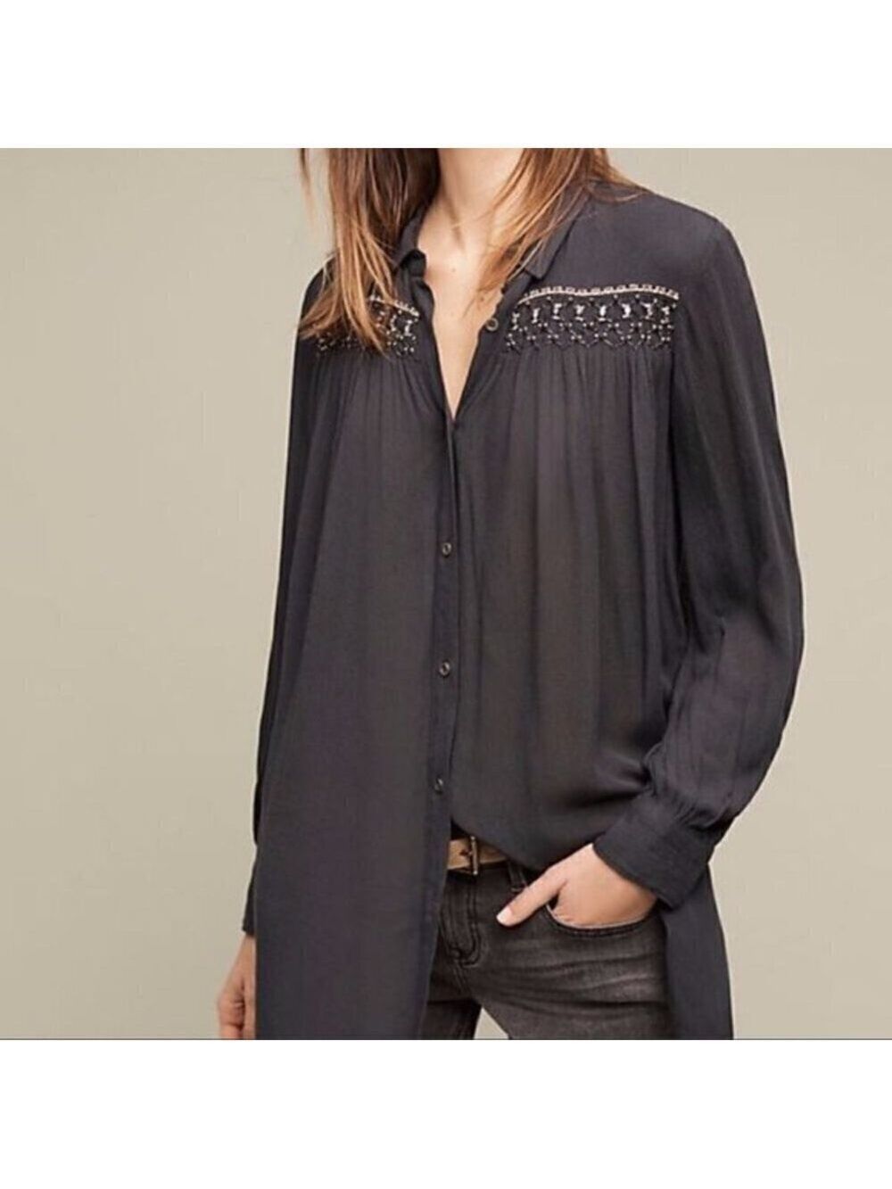 Anthropologie Floreat Beulah Beaded Buttton Up Pleat Front Long Sleeve Blouse